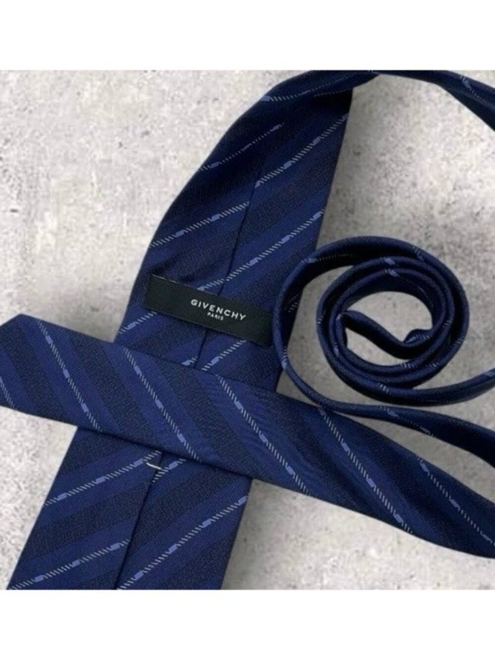 GIVENCHY Silk Tie ITALY Navy Blue Striped Monogram Logo W:3.2" EUC - Picture 2 of 5
